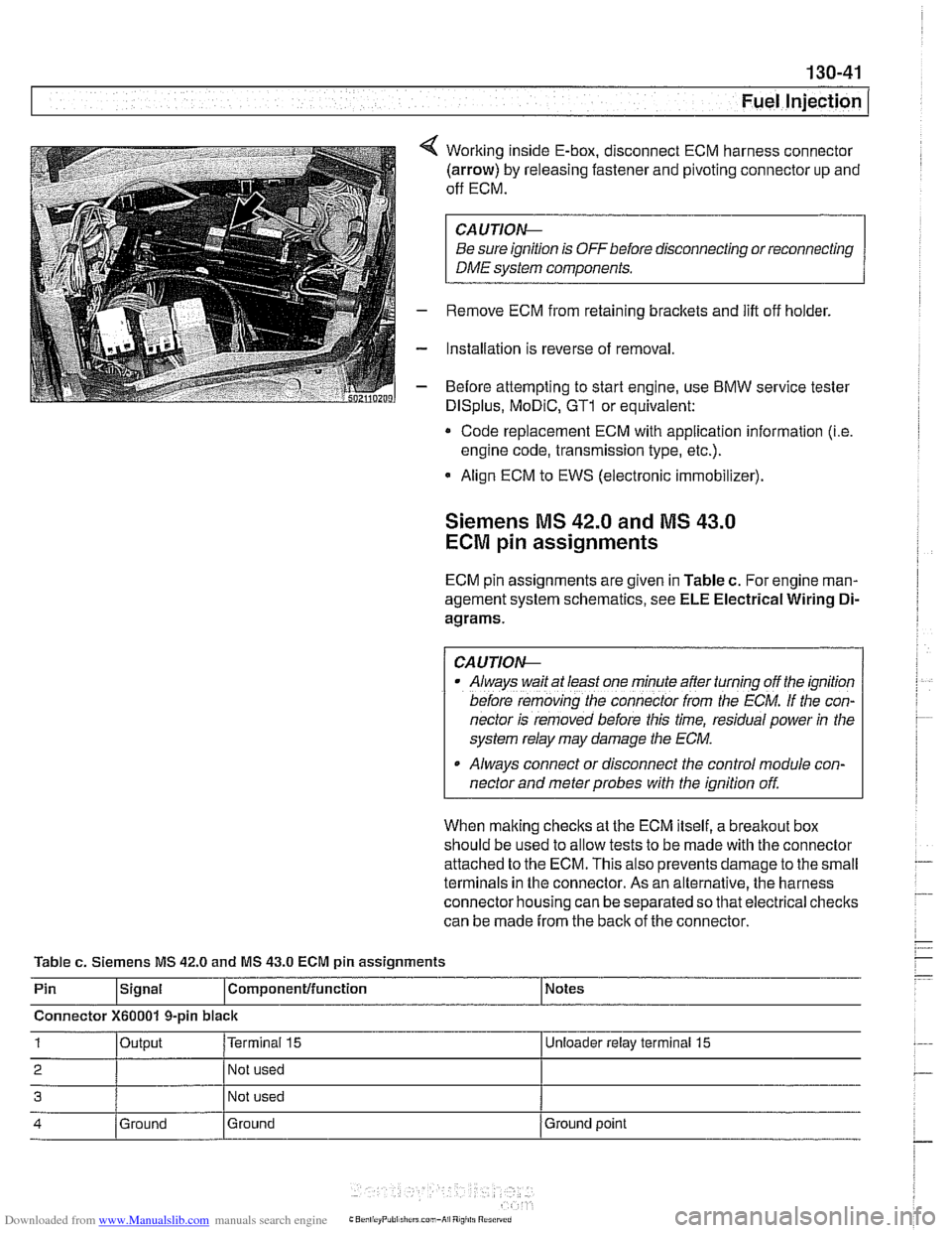 BMW 528i 1999 E39 Owners Manual Downloaded from www.Manualslib.com manuals search engine 
. - 
Fuel Injection I 
Working inside E-box, disconnect ECM harness  connector 
(arrow)  by releasing  fastener and pivoting  connector  up an