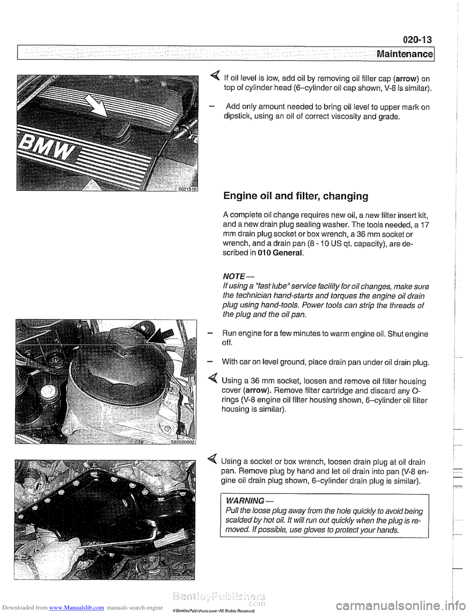 BMW 525i 1999 E39 Workshop Manual Downloaded from www.Manualslib.com manuals search engine
4 If oil level is low, add oil by removing oil filler cap (arrow) on
top of cylinder head
(6-cylinder oil cap shown, V-8 is sirnilar). BMW 525i 1999 E39 Workshop Manual Downloaded from www.Manualslib.com manuals search engine
4 If oil level is low, add oil by removing oil filler cap (arrow) on
top of cylinder head
(6-cylinder oil cap shown, V-8 is sirnilar).