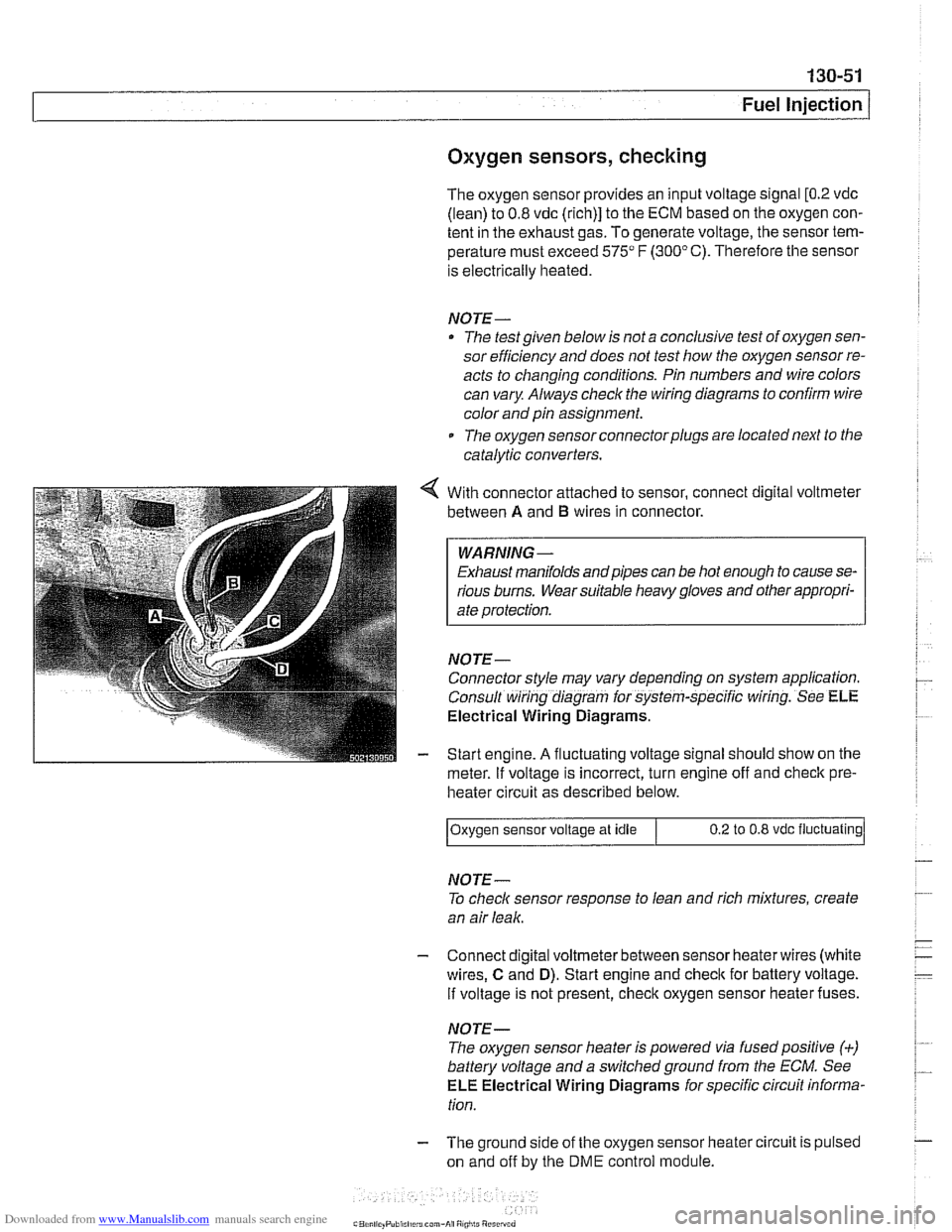 BMW 525i 1998 E39 Workshop Manual Downloaded from www.Manualslib.com manuals search engine 
130-51 
Fuel Injection 
Oxygen sensors, checking 
The  oxygen  sensor provides  an input  voltage  signal [0.2 vdc 
(lean)  to 0.8  vdc  (rich