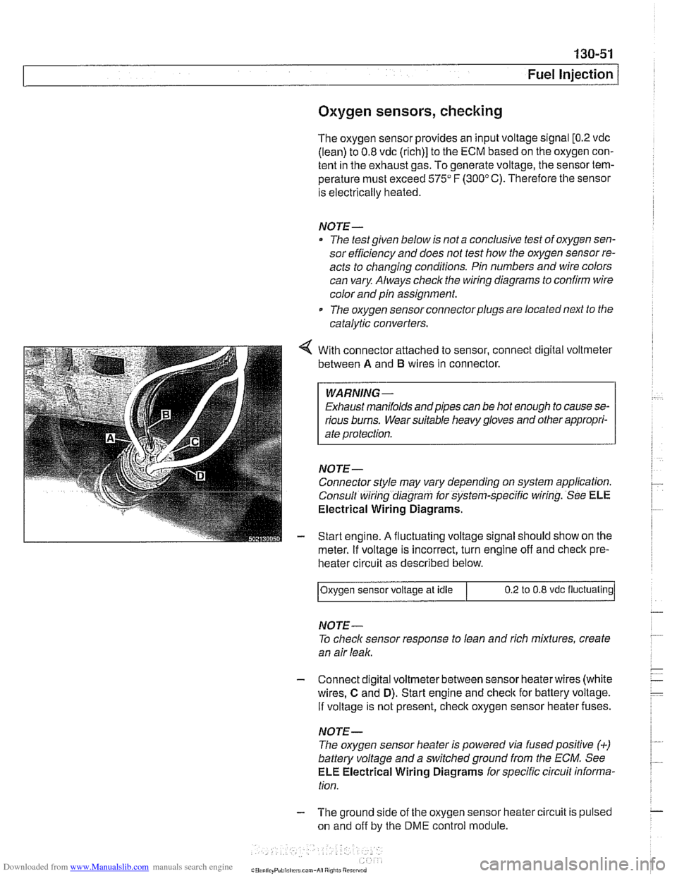 BMW 540i 1998 E39 Workshop Manual Downloaded from www.Manualslib.com manuals search engine 
130-51 
Fuel Injection 
Oxygen sensors, checking 
The  oxygen  sensor provides  an input  voltage  signal [0.2 vdc 
(lean)  to 0.8  vdc  (rich