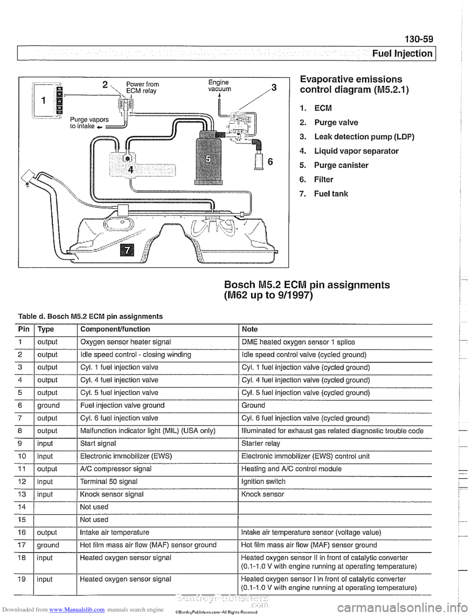 BMW 528i 1997 E39 Workshop Manual Downloaded from www.Manualslib.com manuals search engine
130-59
Fuel Injection
:-- -i. Evaporative emissions
1.
control diagram (M5.2.1)
i 1
i I @ 1. ECM r.=.:-:, 2. Purge valve
3. Leak detec BMW 528i 1997 E39 Workshop Manual Downloaded from www.Manualslib.com manuals search engine
130-59
Fuel Injection
:-- -i. Evaporative emissions
1.
control diagram (M5.2.1)
i 1
i I @ 1. ECM r.=.:-:, 2. Purge valve
3. Leak detec