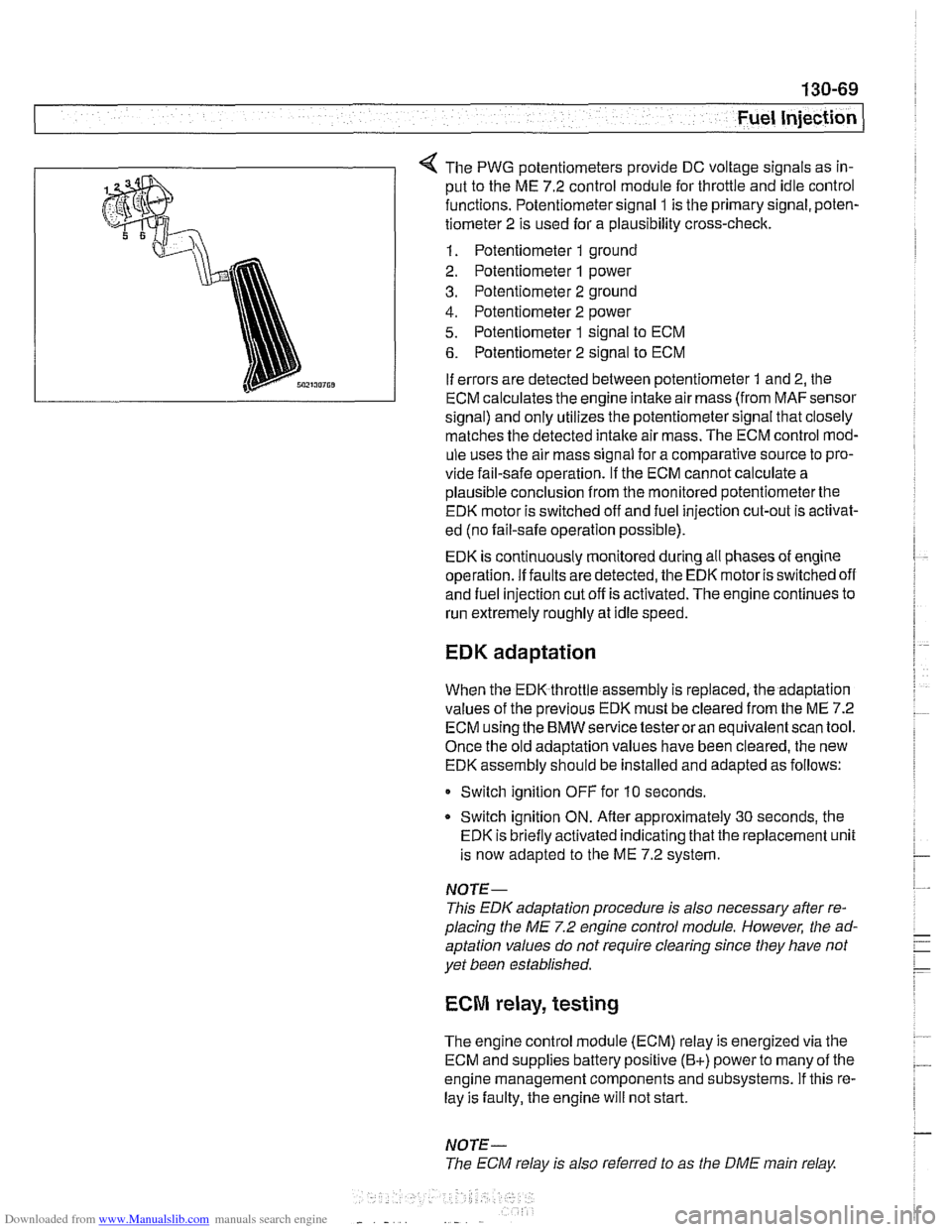 BMW 525i 1999 E39 Owners Guide Downloaded from www.Manualslib.com manuals search engine
--
Fuel Injection I
The PWG potentiometers provide DC voltage signals as in-
put to the ME 7.2 control module for throttle and idle co BMW 525i 1999 E39 Owners Guide Downloaded from www.Manualslib.com manuals search engine
--
Fuel Injection I
The PWG potentiometers provide DC voltage signals as in-
put to the ME 7.2 control module for throttle and idle co