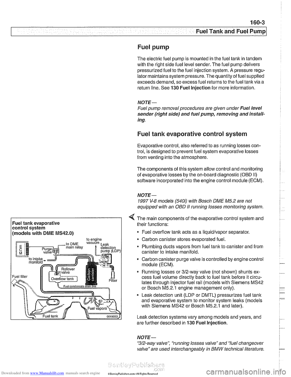 BMW 528i 1999 E39 Owners Guide Downloaded from www.Manualslib.com manuals search engine
Fuel Tank and Fuel Pump
Fuel pump
The electric fuel pump is mounted in the fuel tank in tandem
with the right side fuel level sender BMW 528i 1999 E39 Owners Guide Downloaded from www.Manualslib.com manuals search engine
Fuel Tank and Fuel Pump
Fuel pump
The electric fuel pump is mounted in the fuel tank in tandem
with the right side fuel level sender