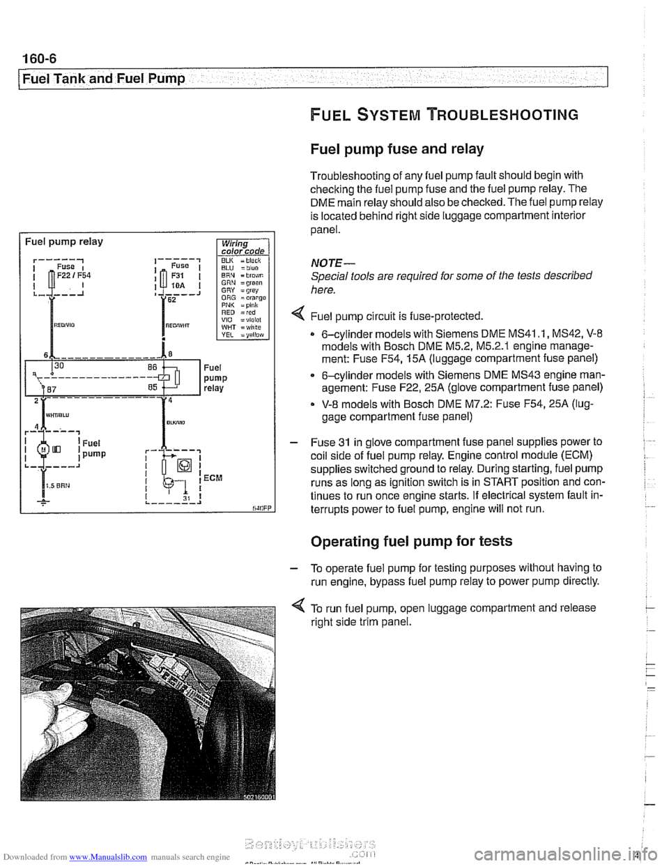 BMW 528i 1999 E39 Service Manual Downloaded from www.Manualslib.com manuals search engine 
.-- - 
/ Fuel Tank and Fuel Pump - .. -. -- 1 
Fuel pump fuse and relay 
Troubleshooting  of any  fuel pump  fault should begin with 
checking