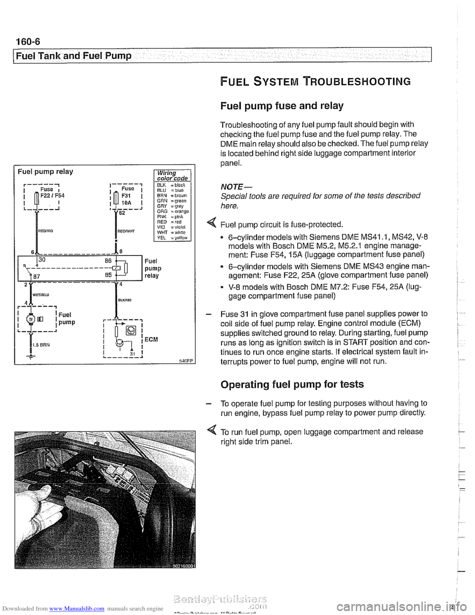 BMW 540i 1998 E39 Service Manual Downloaded from www.Manualslib.com manuals search engine
.-- -
/ Fuel Tank and Fuel Pump - .. -. -- 1
Fuel pump fuse and relay
Troubleshooting of any fuel pump fault should begin with
checking BMW 540i 1998 E39 Service Manual Downloaded from www.Manualslib.com manuals search engine
.-- -
/ Fuel Tank and Fuel Pump - .. -. -- 1
Fuel pump fuse and relay
Troubleshooting of any fuel pump fault should begin with
checking