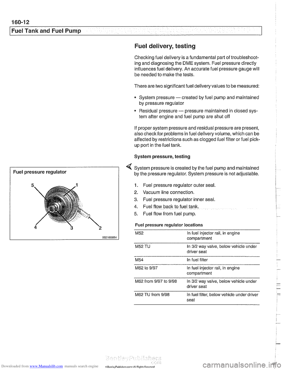 BMW 525i 1999 E39 Workshop Manual Downloaded from www.Manualslib.com manuals search engine 
Fuel Tank and Fuel Pump 
Fuel delivery, 
testing 
Checitino fuel delive~ is a fundamental  oart of troubleshoot- .. ing and  diagnosing thk DM