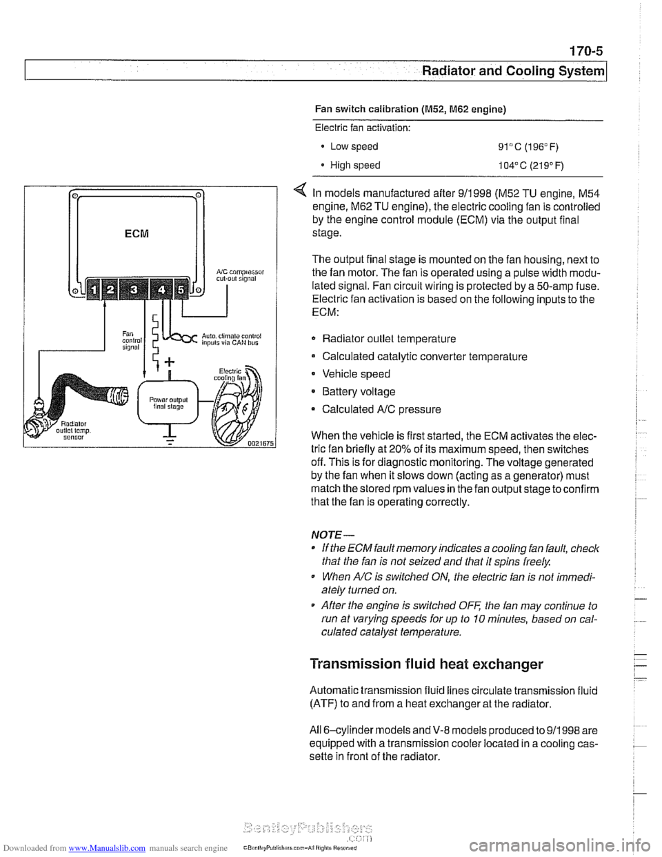 BMW 530i 2001 E39 Workshop Manual Downloaded from www.Manualslib.com manuals search engine 
170-5 
Radiator and Cooling System 
Fan switch  calibration (M52, M62 engine) 
coniprairoi OUt rlgnal 
Auto. ciimilte ~ontioi inpuls via CAN b