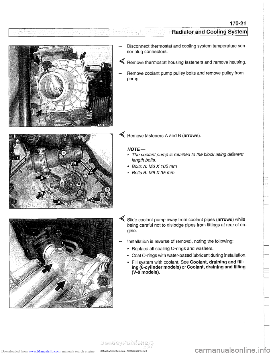 BMW 528i 1997 E39 Workshop Manual Downloaded from www.Manualslib.com manuals search engine 
Radiator and Coolina ~vsteml 
- Disconnect thermostat  and cooling  system temperature sen- 
sor plug connectors. 
4 Remove  thermostat housin