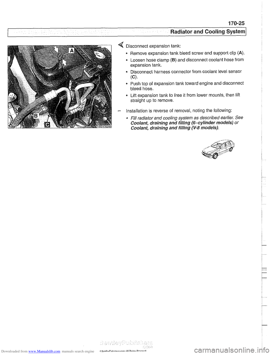 BMW 528i 1998 E39 Workshop Manual Downloaded from www.Manualslib.com manuals search engine 
170-25 
Radiator and Cooling system] 
< Disconnect expansion  tank: 
Remove  expansion tank bleed  screw and support  clip 
(A) 
Loosen hose c