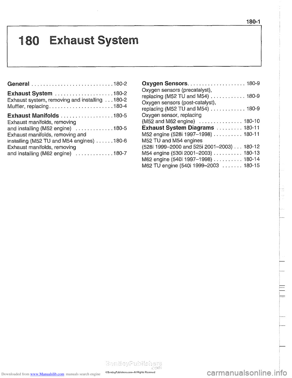 BMW 525i 2000 E39 Workshop Manual Downloaded from www.Manualslib.com manuals search engine
180 Exhaust System
General Exhaust System
. . . . . . . . . . . . . . . . .
Exhaust system, removing and installing
Muffler, replacing.. BMW 525i 2000 E39 Workshop Manual Downloaded from www.Manualslib.com manuals search engine
180 Exhaust System
General Exhaust System
. . . . . . . . . . . . . . . . .
Exhaust system, removing and installing
Muffler, replacing..
