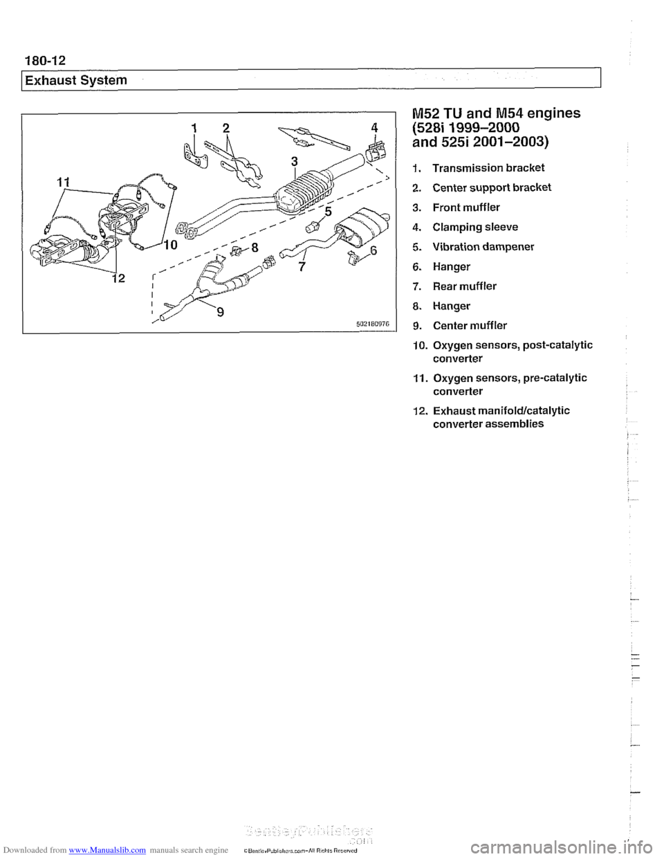 BMW 525i 2001 E39 Workshop Manual Downloaded from www.Manualslib.com manuals search engine 
I Exhaust System 
M52 TU and M54 engines 
(528i 1999-2000 
and  525i  2001-2003) 
1. Transmission bracket 
2. Center  support bracket 
3. Fron