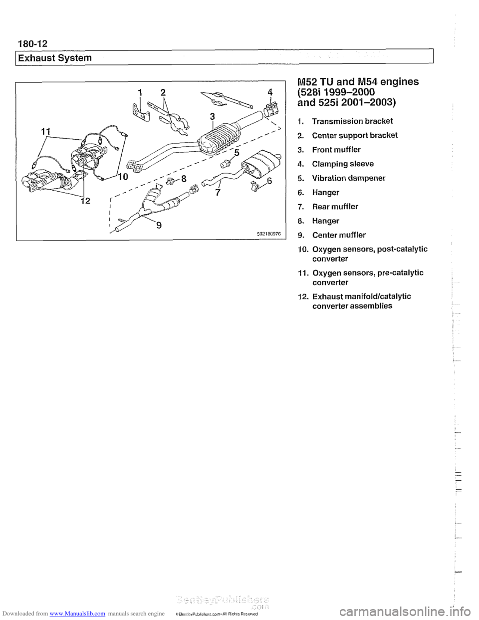 BMW 525i 2000 E39 Workshop Manual Downloaded from www.Manualslib.com manuals search engine
I Exhaust System
M52 TU and M54 engines
(528i 1999-2000
and 525i 2001-2003)
1. Transmission bracket
2. Center support bracket
3. Fron BMW 525i 2000 E39 Workshop Manual Downloaded from www.Manualslib.com manuals search engine
I Exhaust System
M52 TU and M54 engines
(528i 1999-2000
and 525i 2001-2003)
1. Transmission bracket
2. Center support bracket
3. Fron