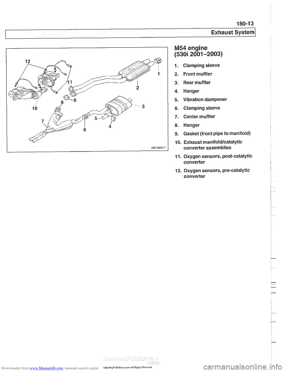 BMW 525i 2000 E39 Workshop Manual Downloaded from www.Manualslib.com manuals search engine
Exhaust systeml
M54 engine
(5301 2001-2003)
Clamping sleeve
Front muffler Rear muffler
Hanger
Vibration dampener
Clamping sleeve
Cent BMW 525i 2000 E39 Workshop Manual Downloaded from www.Manualslib.com manuals search engine
Exhaust systeml
M54 engine
(5301 2001-2003)
Clamping sleeve
Front muffler Rear muffler
Hanger
Vibration dampener
Clamping sleeve
Cent