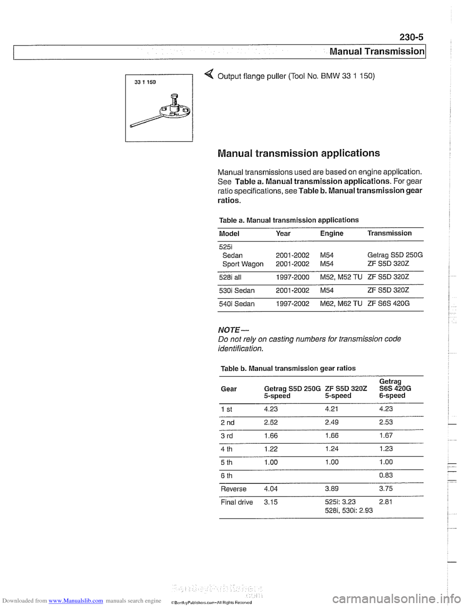 BMW 525i 2001 E39 Workshop Manual Downloaded from www.Manualslib.com manuals search engine 
230-5 
Manual Transmission 
Manual  transmission  applications 
Manual transmissions  used are based  on engine application. 
See  Table  a. M