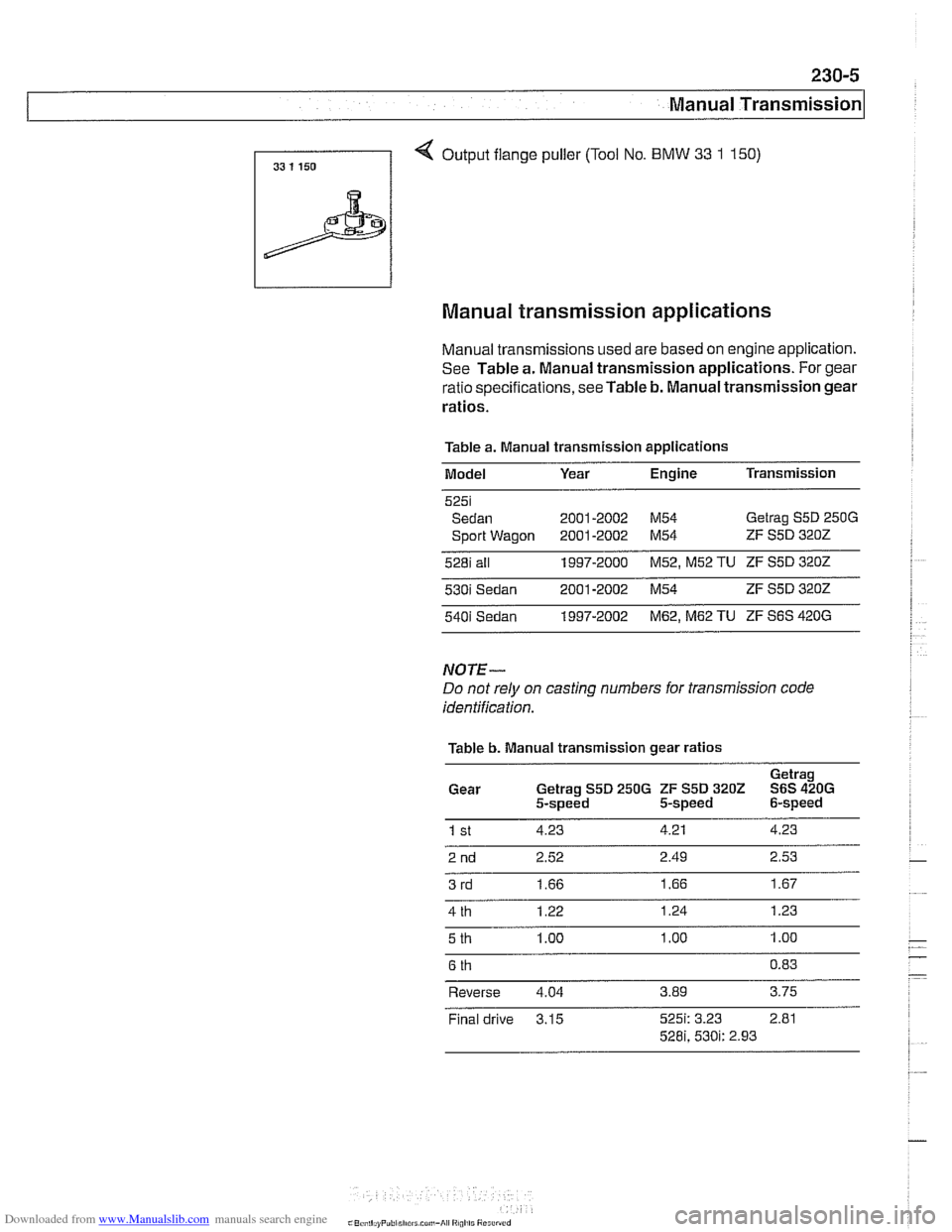 BMW 528i 1998 E39 Workshop Manual Downloaded from www.Manualslib.com manuals search engine
230-5
Manual Transmission
Manual transmission applications
Manual transmissions used are based on engine application.
See Table a. M BMW 528i 1998 E39 Workshop Manual Downloaded from www.Manualslib.com manuals search engine
230-5
Manual Transmission
Manual transmission applications
Manual transmissions used are based on engine application.
See Table a. M