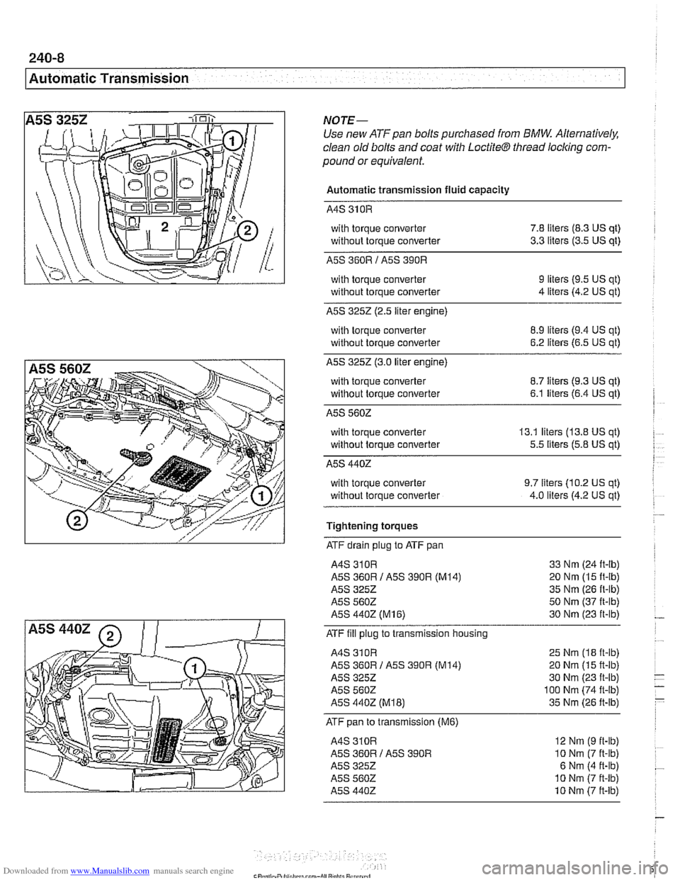 BMW 528i 2000 E39 Workshop Manual Downloaded from www.Manualslib.com manuals search engine 
Automatic Transmission 
NOTE- 
Use new  ATF pan bolts  purchased  from BMW Alternatively, 
clean  old bolts  and coat  with 
LoctiteB thread l