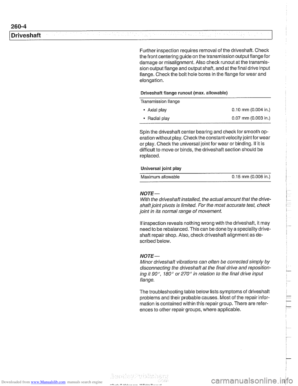 BMW 528i 1998 E39 Workshop Manual Downloaded from www.Manualslib.com manuals search engine
1 Driveshaft
Further inspection requires removal of the driveshaft. Checlc
the front centering guide on the transmission output flange f BMW 528i 1998 E39 Workshop Manual Downloaded from www.Manualslib.com manuals search engine
1 Driveshaft
Further inspection requires removal of the driveshaft. Checlc
the front centering guide on the transmission output flange f