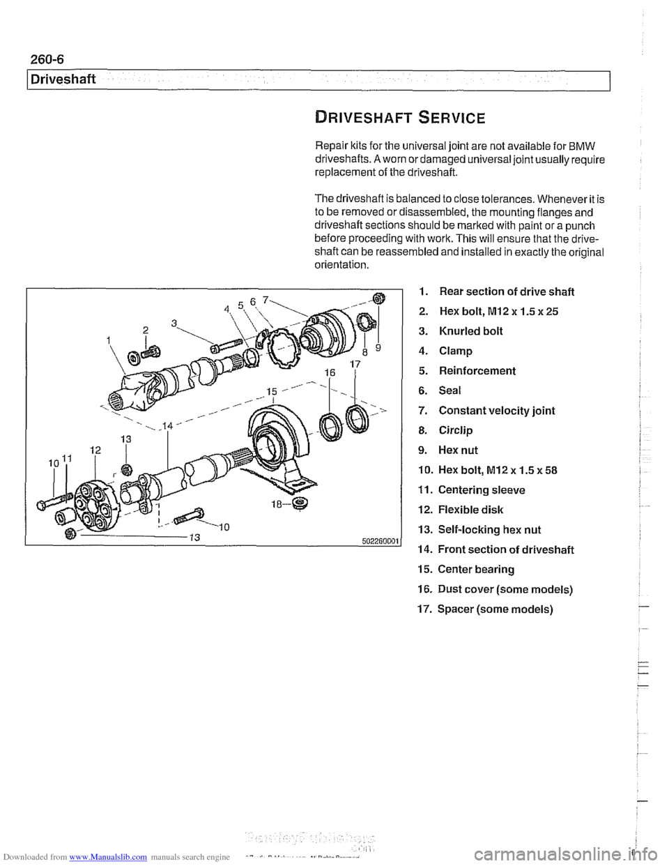 BMW 525i 1998 E39 Workshop Manual Downloaded from www.Manualslib.com manuals search engine
Driveshaft
Repair kits for the universal joint are not available for BMW
driveshafts.
A worn or damaged universal joint usually require BMW 525i 1998 E39 Workshop Manual Downloaded from www.Manualslib.com manuals search engine
Driveshaft
Repair kits for the universal joint are not available for BMW
driveshafts.
A worn or damaged universal joint usually require