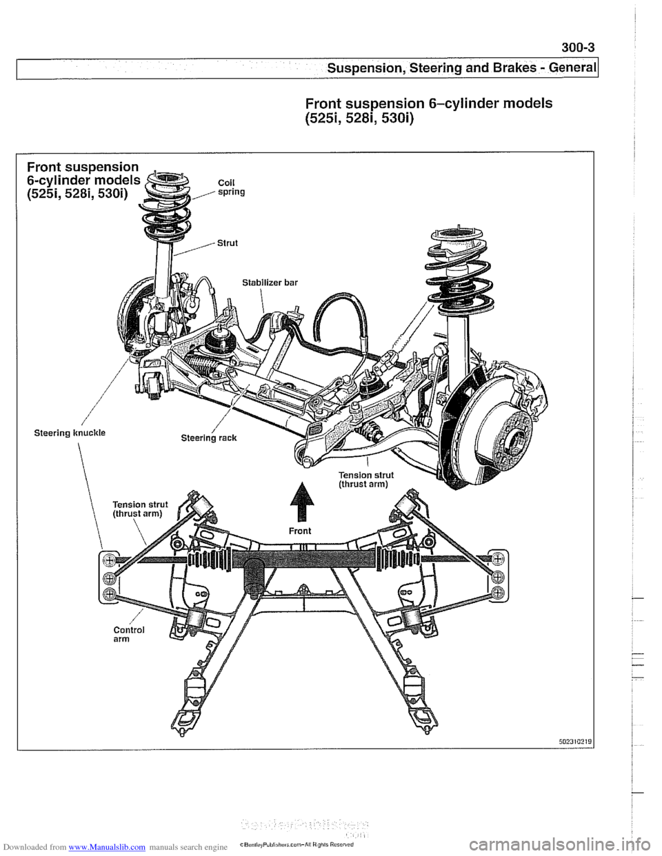 BMW 528i 1999 E39 Workshop Manual Downloaded from www.Manualslib.com manuals search engine 
300-3 
Suspension, Steering and Brakes - General 
Front suspension  6-cylinder models 
(5251, 5281, 530i)    