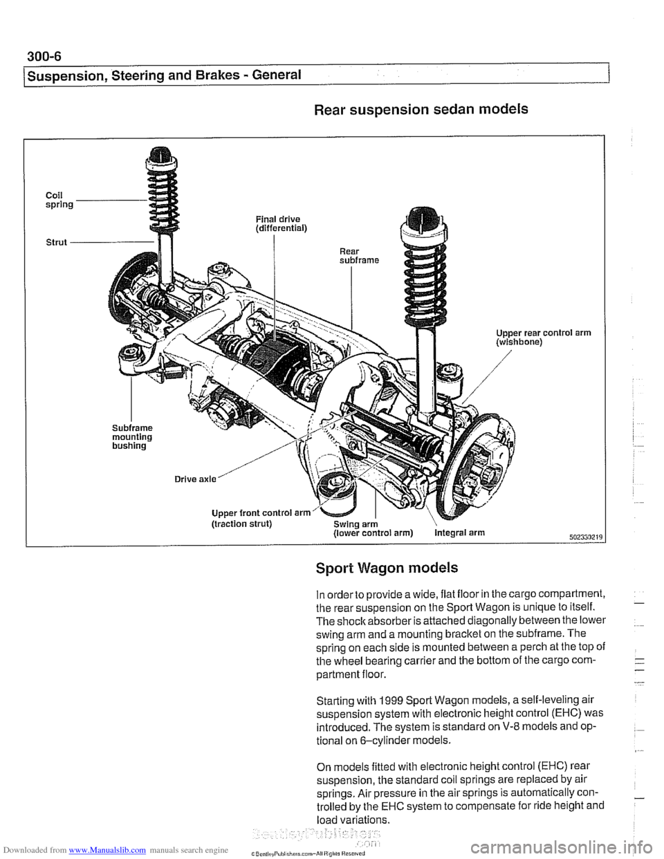 BMW 525i 2001 E39 User Guide Downloaded from www.Manualslib.com manuals search engine 
300-6 
/Suspension, Steering and Brakes - General 
Rear suspension  sedan  models 
Coil spring 
Strut 
- 
01 arm 
Sport Wagon  models 
In ord