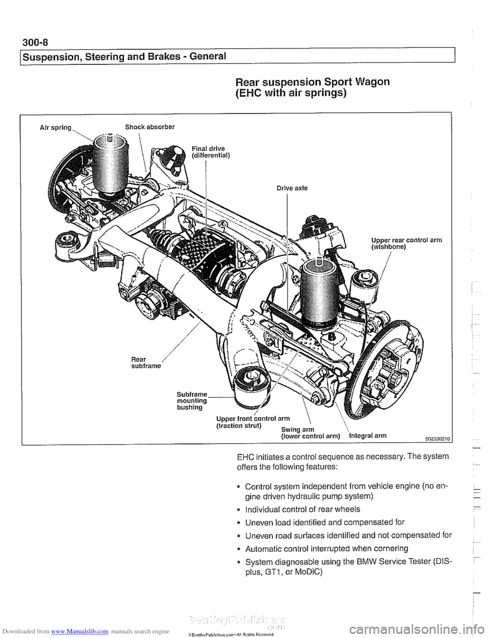 BMW 528i 2000 E39 Workshop Manual Downloaded from www.Manualslib.com manuals search engine 
300-8 
Suspension, Steering and Brakes - General 
Rear suspension Sport  Wagon 
(EHC with air springs) 
Air sprIn9 Shock  absorber I 
(tiactio