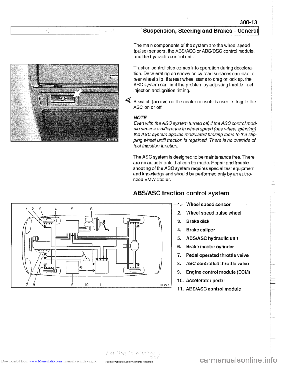 BMW 528i 2000 E39 Workshop Manual Downloaded from www.Manualslib.com manuals search engine 
Suspension, Steering and Brakes - ~enerail 
The main components  of the  system  are the wheel speed 
(pulse) sensors, the 
ABSIASC or ABSIDSC