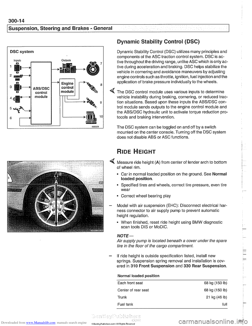 BMW 525i 1999 E39 Workshop Manual Downloaded from www.Manualslib.com manuals search engine
300-1 4
I Susoension. Steerina and Brakes - General
DSC system I
Dynamic Stability Control (DSC)
Dynamic Stability Control (DSC) utilizes BMW 525i 1999 E39 Workshop Manual Downloaded from www.Manualslib.com manuals search engine
300-1 4
I Susoension. Steerina and Brakes - General
DSC system I
Dynamic Stability Control (DSC)
Dynamic Stability Control (DSC) utilizes