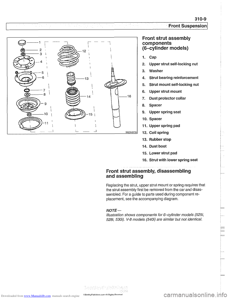 BMW 540i 1999 E39 Owners Manual Downloaded from www.Manualslib.com manuals search engine 
31 0-9 
Front Suspension 
Front strut  assembly 
components 
(6-cylinder  models) 
1. Cap 
2. Upper  strut self-locking  nut 
3. Washer 
4. St
