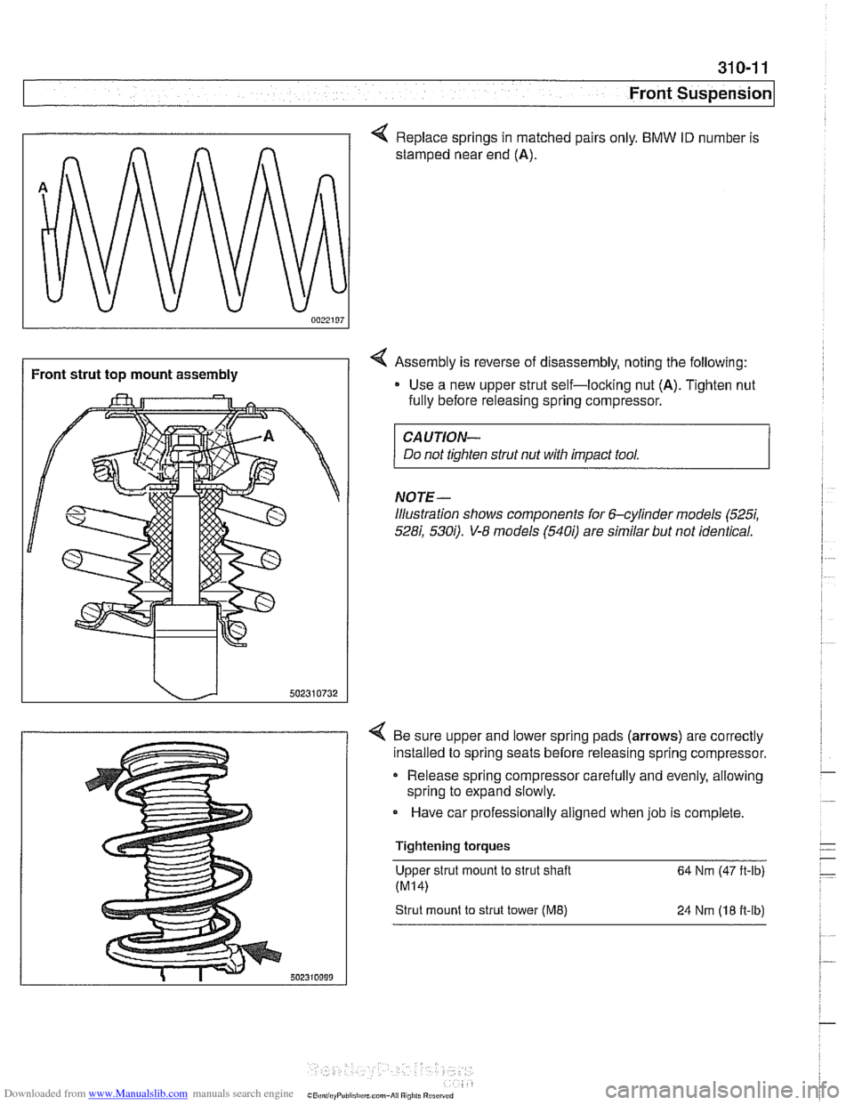 BMW 525i 1999 E39 Owners Guide Downloaded from www.Manualslib.com manuals search engine
Front Suspension
/ Front strut top mount assembly
< Replace springs in matched pairs only. BMW ID number is
stamped near end
(A).
4 BMW 525i 1999 E39 Owners Guide Downloaded from www.Manualslib.com manuals search engine
Front Suspension
/ Front strut top mount assembly
< Replace springs in matched pairs only. BMW ID number is
stamped near end
(A).
4