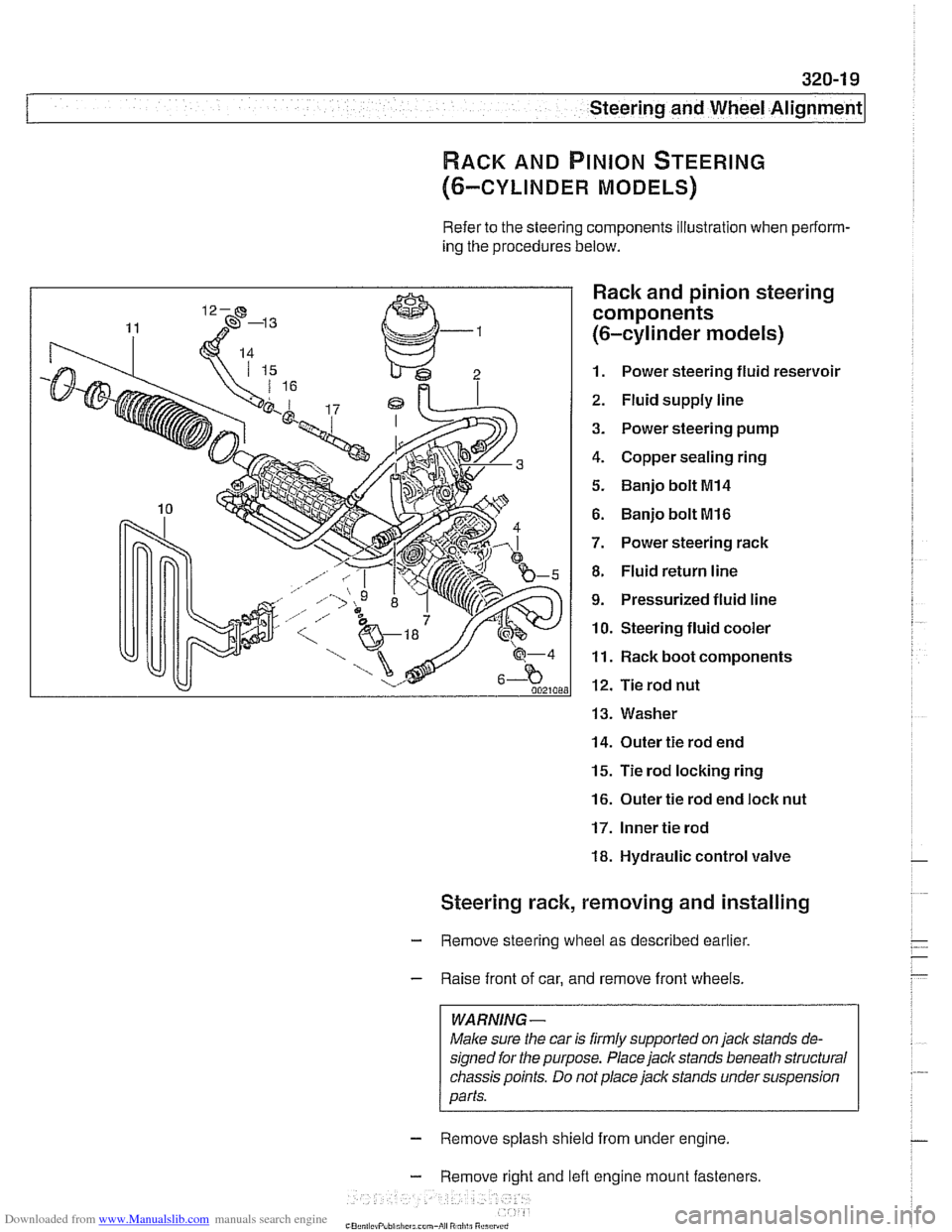 BMW 528i 1997 E39 Workshop Manual Downloaded from www.Manualslib.com manuals search engine 
i Steering and Wheel  Alignment 
RACK AND PINION STEERING 
(6-CYLINDER MODELS) 
Refer to the steering components illustration  when perform- 
