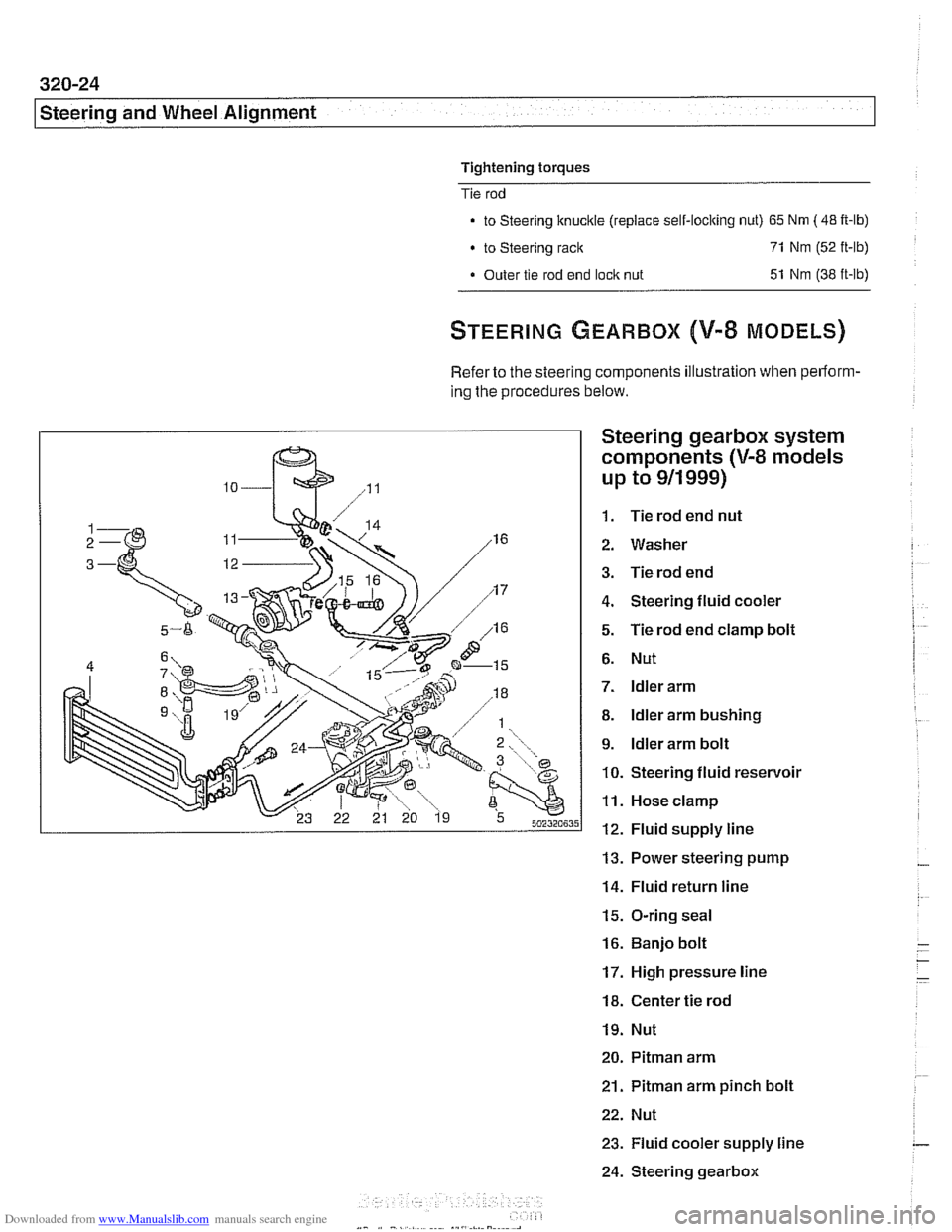 BMW 528i 1998 E39 Workshop Manual Downloaded from www.Manualslib.com manuals search engine 
Steering and Wheel Alignment 
Tightening torques 
Tie  rod 
to Steering  knuckle (replace  self-locking  nut) 65 Nm (48 it-lb) 
to Steering  r