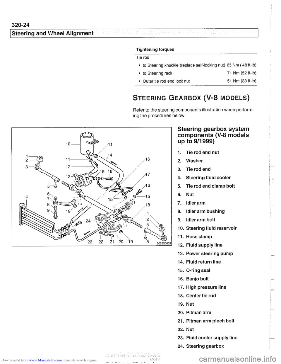 BMW 540i 1998 E39 User Guide Downloaded from www.Manualslib.com manuals search engine 
Steering and Wheel Alignment 
Tightening torques 
Tie  rod 
to Steering  knuckle (replace  self-locking  nut) 65 Nm (48 it-lb) 
to Steering  r