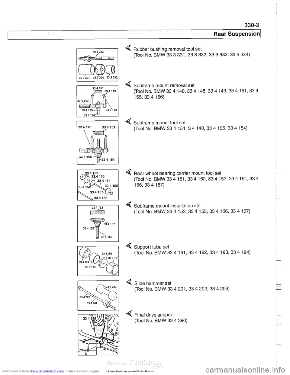 BMW 528i 2000 E39 Owners Manual Downloaded from www.Manualslib.com manuals search engine 
Rear suspension/ 
31 3 333 "I Rubber bushing  removal tool set 
(Tool  No. BMW 
33 3 331,33 3 332,33 3 333,33 3 334) 
4 Subframe mount  remova