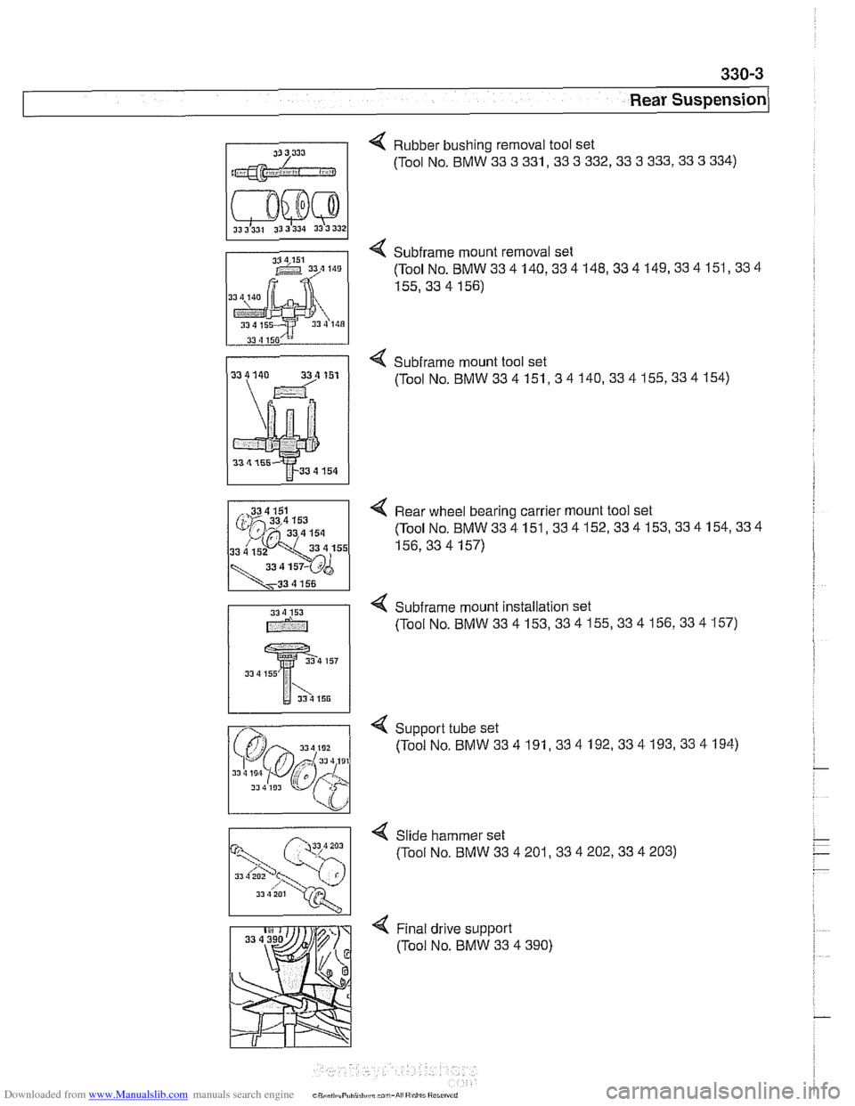 BMW 525i 1998 E39 Workshop Manual Downloaded from www.Manualslib.com manuals search engine
Rear suspension/
31 3 333 "I Rubber bushing removal tool set
(Tool No. BMW
33 3 331,33 3 332,33 3 333,33 3 334)
4 Subframe mount remova BMW 525i 1998 E39 Workshop Manual Downloaded from www.Manualslib.com manuals search engine
Rear suspension/
31 3 333 "I Rubber bushing removal tool set
(Tool No. BMW
33 3 331,33 3 332,33 3 333,33 3 334)
4 Subframe mount remova