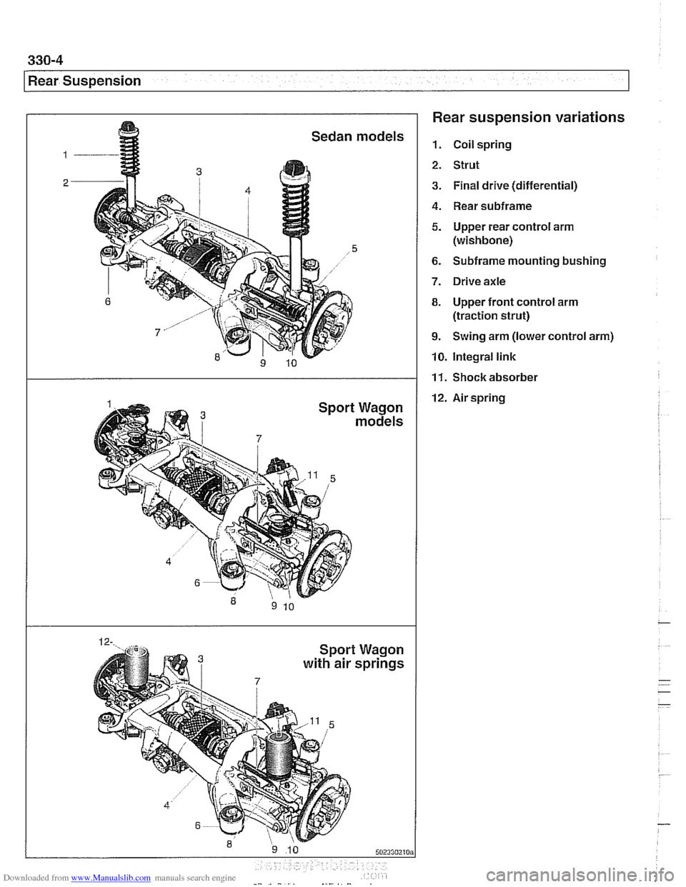 BMW 540i 2000 E39 Workshop Manual Downloaded from www.Manualslib.com manuals search engine
330-4
Rear Suspension Rear suspension variations
1. Coil spring
2. Strut
3. Final drive (differential)
4. Rear subframe
5. Upper rear co BMW 540i 2000 E39 Workshop Manual Downloaded from www.Manualslib.com manuals search engine
330-4
Rear Suspension Rear suspension variations
1. Coil spring
2. Strut
3. Final drive (differential)
4. Rear subframe
5. Upper rear co