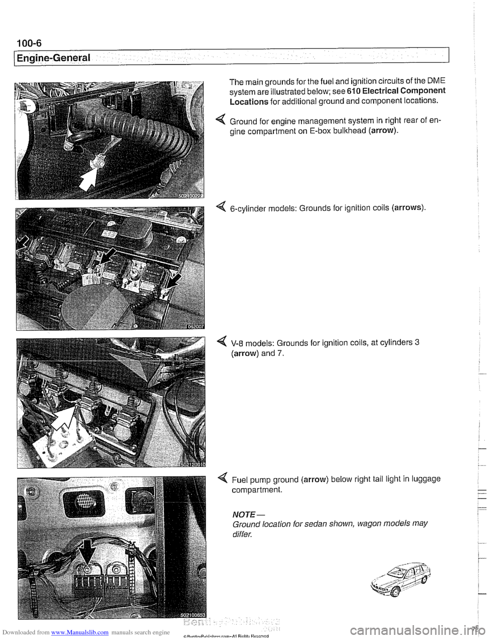 BMW 530i 1997 E39 Workshop Manual Downloaded from www.Manualslib.com manuals search engine 
100-6 
( Engine-General 
The main grounds for the fuel  and ignition circuits  of the DME 
system are illustrated below; see 610 Electrical  C
