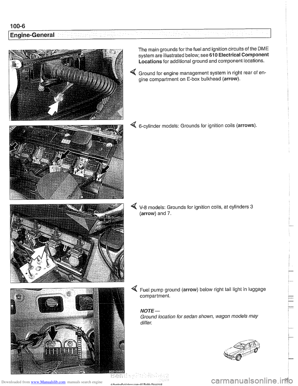 BMW 540i 1998 E39 Manual PDF Downloaded from www.Manualslib.com manuals search engine
100-6
( Engine-General
The main grounds for the fuel and ignition circuits of the DME
system are illustrated below; see 610 Electrical C BMW 540i 1998 E39 Manual PDF Downloaded from www.Manualslib.com manuals search engine
100-6
( Engine-General
The main grounds for the fuel and ignition circuits of the DME
system are illustrated below; see 610 Electrical C
