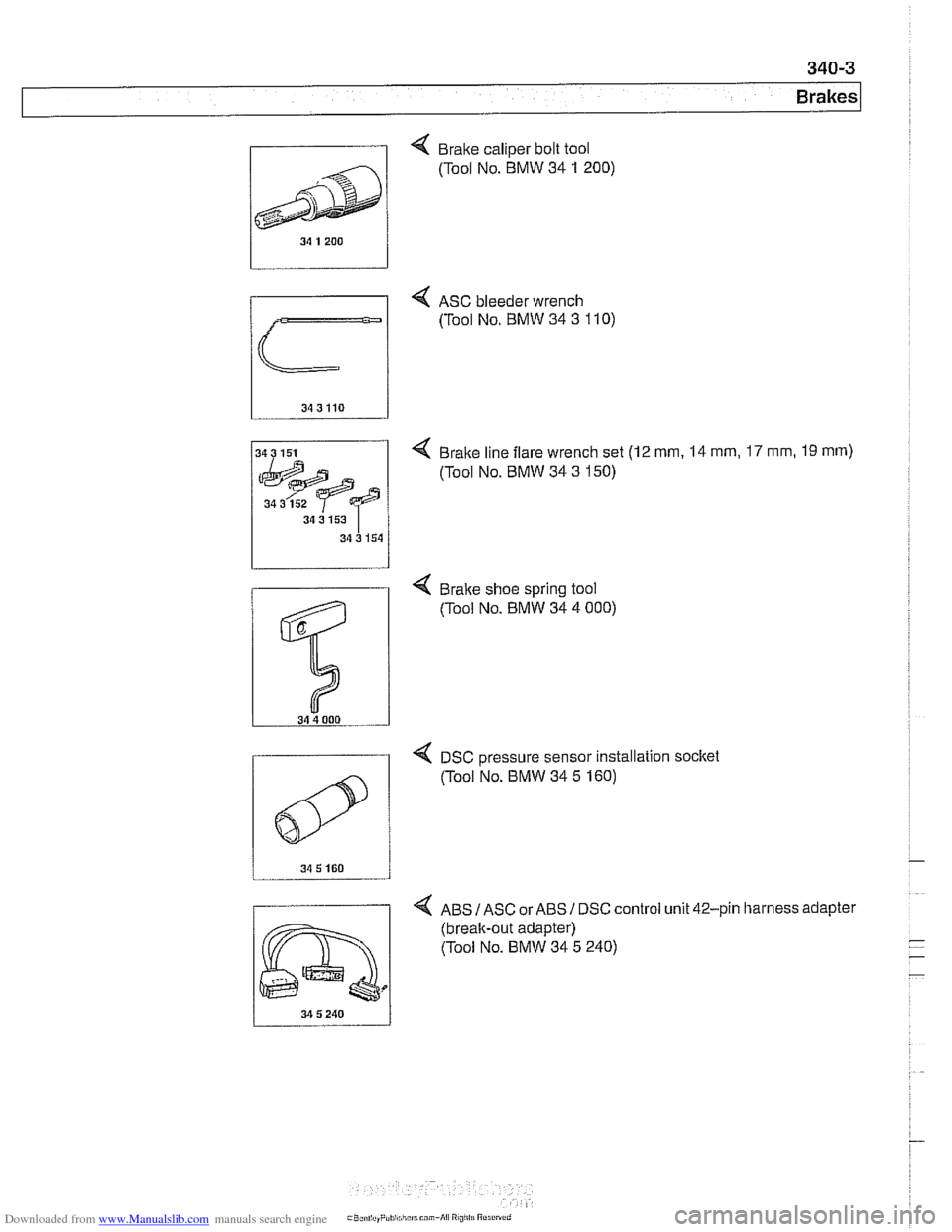 BMW 525i 2000 E39 Workshop Manual Downloaded from www.Manualslib.com manuals search engine
, Brake caliper bolt tool
4 ASC bleeder wrench
(Tool No. BMW 34
3 110)
4 Brake line flare wrench set (12 mm, 14 mm, 17 mm, 19 rnm)
(Too BMW 525i 2000 E39 Workshop Manual Downloaded from www.Manualslib.com manuals search engine
, Brake caliper bolt tool
4 ASC bleeder wrench
(Tool No. BMW 34
3 110)
4 Brake line flare wrench set (12 mm, 14 mm, 17 mm, 19 rnm)
(Too