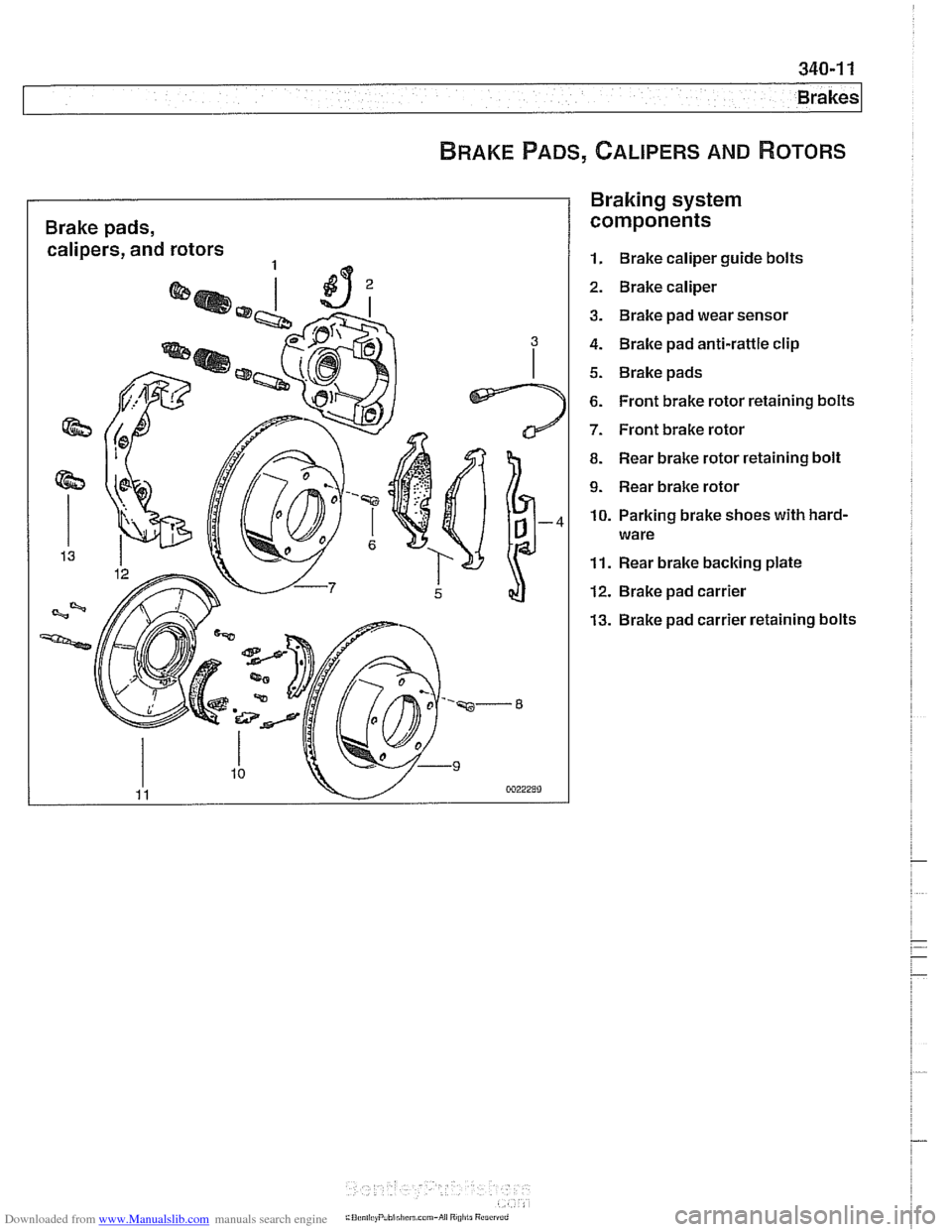 BMW 525i 2001 E39 Owners Manual Downloaded from www.Manualslib.com manuals search engine 
Brakes 
BRAKE PADS, CALIPERS AND ROTORS 
Brake pads, 
calipers,  and rotors 
Braking system 
components 
1. Brake caliper  guide bolts 
2. Bra