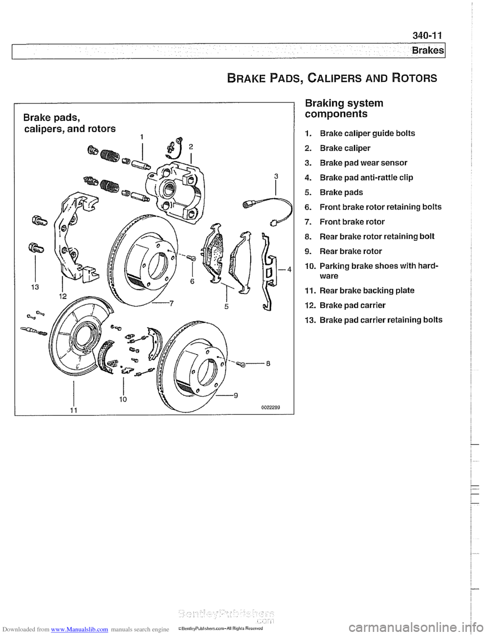 BMW 525i 2000 E39 Workshop Manual Downloaded from www.Manualslib.com manuals search engine
Brakes
BRAKE PADS, CALIPERS AND ROTORS
Brake pads,
calipers, and rotors
Braking system
components
1. Brake caliper guide bolts
2. Bra BMW 525i 2000 E39 Workshop Manual Downloaded from www.Manualslib.com manuals search engine
Brakes
BRAKE PADS, CALIPERS AND ROTORS
Brake pads,
calipers, and rotors
Braking system
components
1. Brake caliper guide bolts
2. Bra