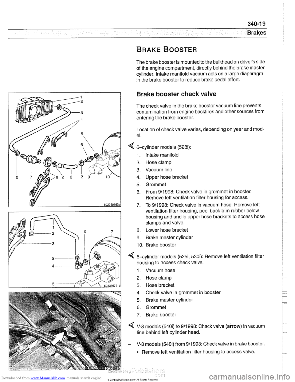 BMW 528i 1998 E39 Service Manual Downloaded from www.Manualslib.com manuals search engine 
Brakes 
The brake booster is  mounted to the  bulkhead  on drivers side 
of the  engine  compartment,  directly behind the  brake master 
cyl