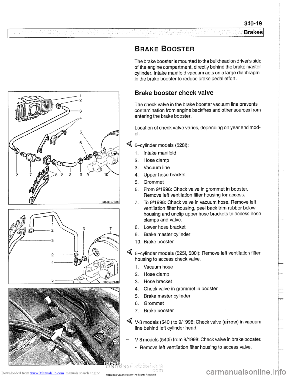 BMW 528i 1998 E39 Workshop Manual Downloaded from www.Manualslib.com manuals search engine
Brakes
The brake booster is mounted to the bulkhead on drivers side
of the engine compartment, directly behind the brake master
cyl BMW 528i 1998 E39 Workshop Manual Downloaded from www.Manualslib.com manuals search engine
Brakes
The brake booster is mounted to the bulkhead on drivers side
of the engine compartment, directly behind the brake master
cyl
