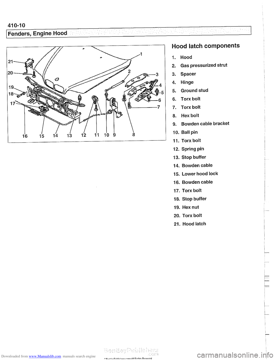 BMW 525i 1998 E39 Workshop Manual Downloaded from www.Manualslib.com manuals search engine
41 0-1 0
I Fenders, Engine Hood
Hood latch components
1. Hood
2. Gas pressurized
Strut
3. Spacer
4. Hinge
5. Ground stud
6. Torx BMW 525i 1998 E39 Workshop Manual Downloaded from www.Manualslib.com manuals search engine
41 0-1 0
I Fenders, Engine Hood
Hood latch components
1. Hood
2. Gas pressurized
Strut
3. Spacer
4. Hinge
5. Ground stud
6. Torx