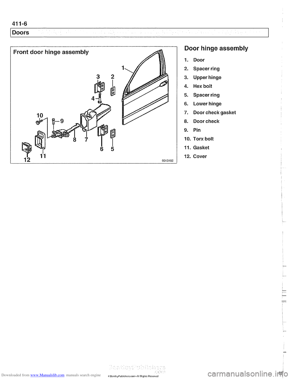 BMW 528i 1998 E39 Workshop Manual Downloaded from www.Manualslib.com manuals search engine
.
1 Doors
Door hinge assembly
1. Door
2. Spacer ring
3. Upper hinge
4. Hex bolt
5. Spacer ring
6. Lower hinge
7. Door check gasket BMW 528i 1998 E39 Workshop Manual Downloaded from www.Manualslib.com manuals search engine
.
1 Doors
Door hinge assembly
1. Door
2. Spacer ring
3. Upper hinge
4. Hex bolt
5. Spacer ring
6. Lower hinge
7. Door check gasket