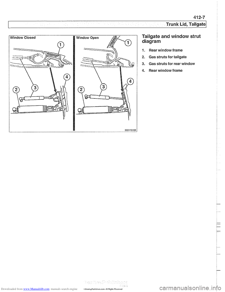 BMW 525i 2001 E39 Workshop Manual Downloaded from www.Manualslib.com manuals search engine 
r Trunk Lid, Tailgate 
Tailgate and window  strut 
diagram 
1. Rear window  frame 
2. Gas struts  for tailgate 
3. Gas struts for rear window 