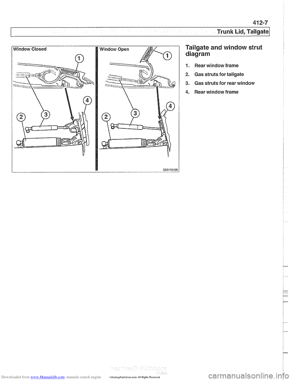 BMW 528i 1998 E39 Workshop Manual Downloaded from www.Manualslib.com manuals search engine 
r Trunk Lid, Tailgate 
Tailgate and window  strut 
diagram 
1. Rear window  frame 
2. Gas struts  for tailgate 
3. Gas struts for rear window 