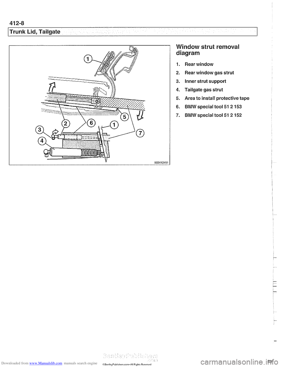 BMW 525i 2001 E39 Workshop Manual Downloaded from www.Manualslib.com manuals search engine 
41 2-8 
l~runk Lid, Tailgate Window strut removal 
diagram 
1.  Rear window 
2.  Rear window gas strut 
3. Inner strut support 
4. Tailgate  g