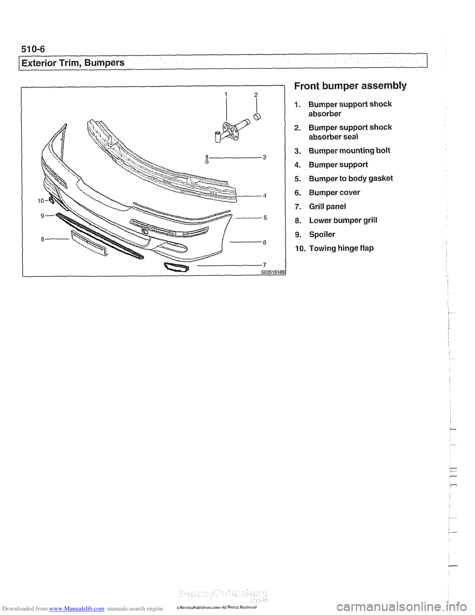 BMW 525i 1999 E39 Owners Guide Downloaded from www.Manualslib.com manuals search engine
51 0-6
Exterior Trim, Bumpers
Front bumper assembly
1. Bumper support shock
absorber
2. Bumper support shock absorber seal
3. Bumper mo BMW 525i 1999 E39 Owners Guide Downloaded from www.Manualslib.com manuals search engine
51 0-6
Exterior Trim, Bumpers
Front bumper assembly
1. Bumper support shock
absorber
2. Bumper support shock absorber seal
3. Bumper mo