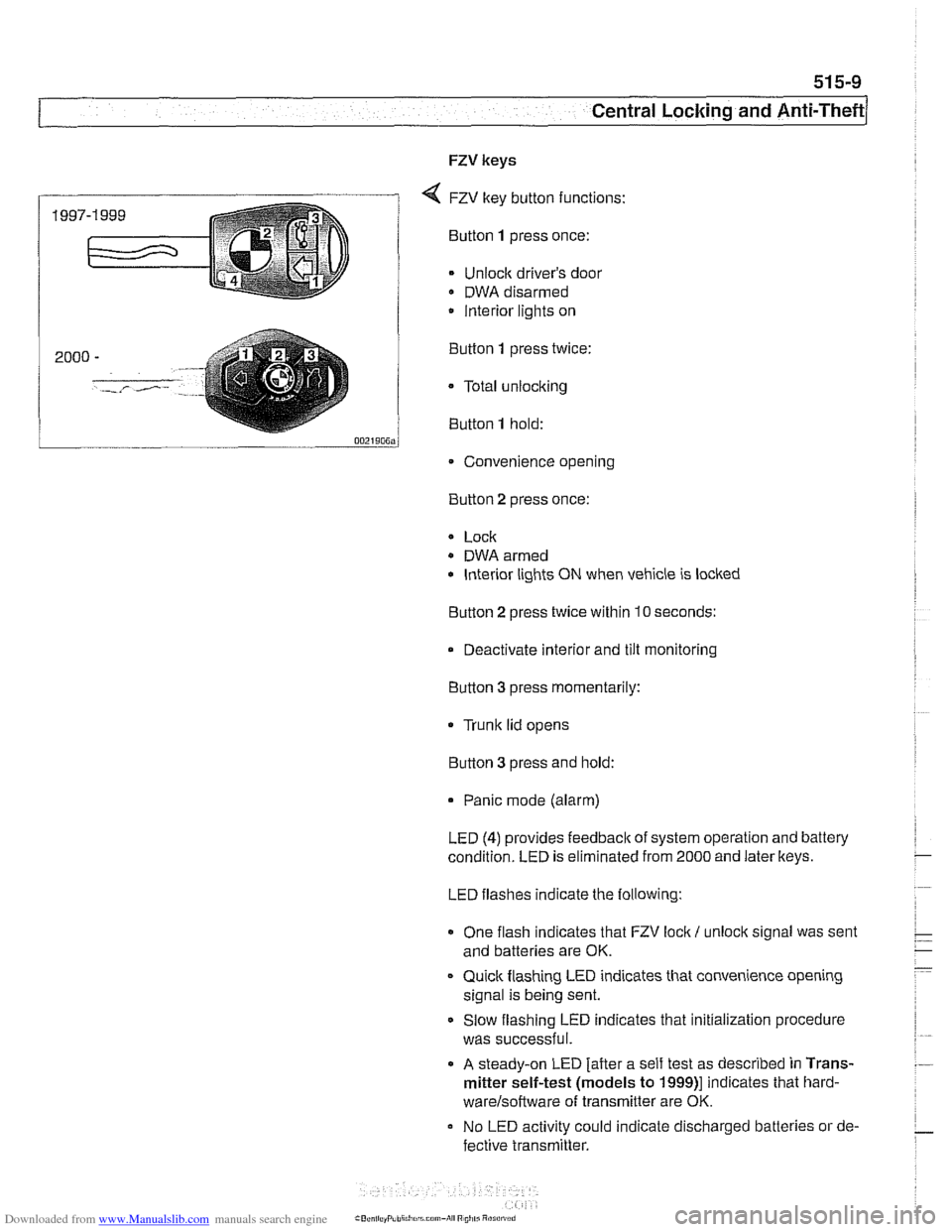 BMW 525i 2001 E39 Owners Guide Downloaded from www.Manualslib.com manuals search engine
515-9
Central Locking and ~nti-~heftl
FZV keys
4 FZV key button functions:
Bunon 1 press once:
Unlock drivers door
DWA disarmed
/ BMW 525i 2001 E39 Owners Guide Downloaded from www.Manualslib.com manuals search engine
515-9
Central Locking and ~nti-~heftl
FZV keys
4 FZV key button functions:
Bunon 1 press once:
Unlock drivers door
DWA disarmed
/