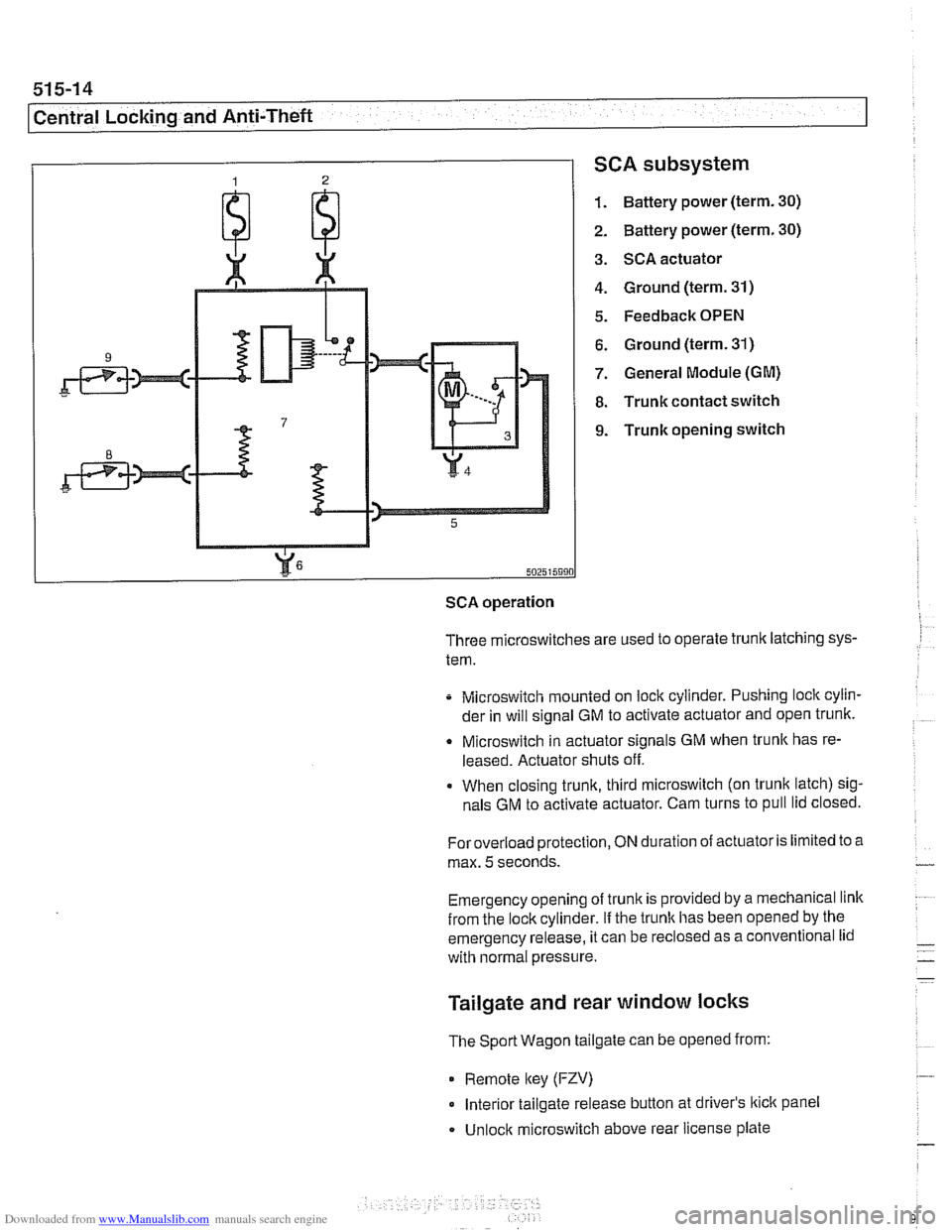 BMW 528i 2000 E39 Owners Manual Downloaded from www.Manualslib.com manuals search engine 
SCA subsystem 
1. Battery power (term. 30) 
2. Battery  power (term. 30) 
3. SCA actuator 
4. Ground  (term. 31) 
5. Feedback OPEN 
6. Ground 